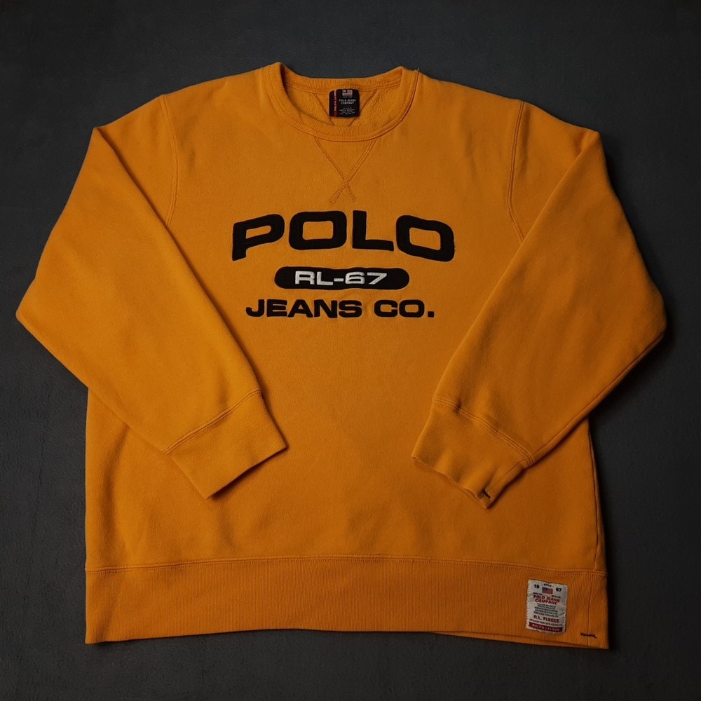 VINTAGE Polo Jeans Company Sweatshirt Mens Large Yellow Sweater Ralph Lauren
